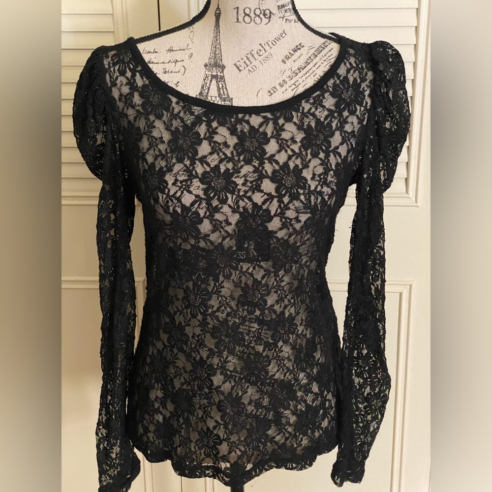 Twenty One sheer black lace long sleeve blouse - Picture 12 of 15
